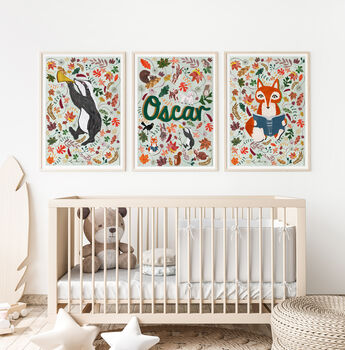 Personalised Woodland Nursery Print Set | Set Of Three Wall Art, 4 of 11