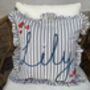 Hand Embroidered Personalised Cushion Blue Stripe With Frill Trim, thumbnail 5 of 8