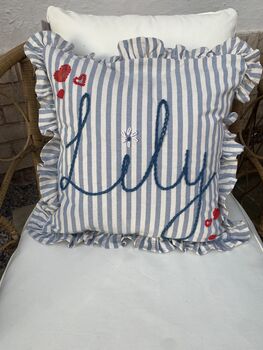 Hand Embroidered Personalised Cushion Blue Stripe With Frill Trim, 5 of 8