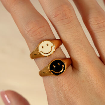 Dainty Signet Ring With Smile Happy Face White, 3 of 5