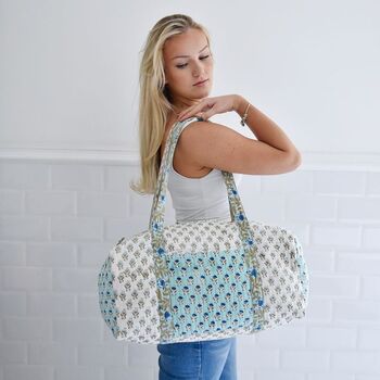 Block Printed Aqua, White And Green Floral Quilted Duffle Bag, 2 of 9