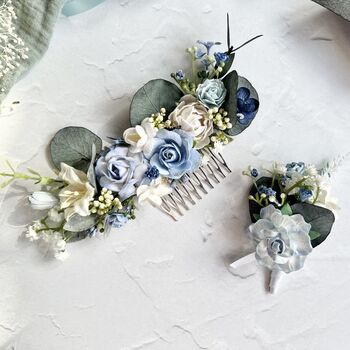 Dusty Blue And White Floral Hair Comb, 3 of 10