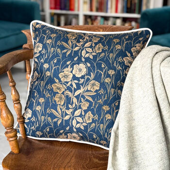 Luxury Heavy Linen Blend Cushion Spring Navy And Gold Floral, 2 of 4