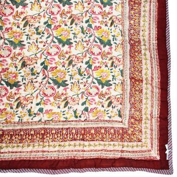 Deep Red, Green And Mustard Floral Indian Block Printed Cotton Bed Quilt, 9 of 9