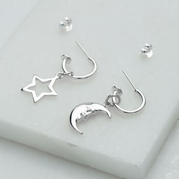 Sterling Silver Moon And Star Charm Drop Hoop Earrings By Lily Charmed ...