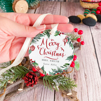 Personalised Merry Christmas Teacher Festive Wreath Ornament, 5 of 7