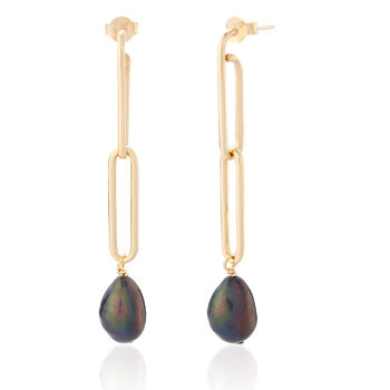 Yellow Gold Plated Black Pearl Long Drop Earrings, 3 of 6