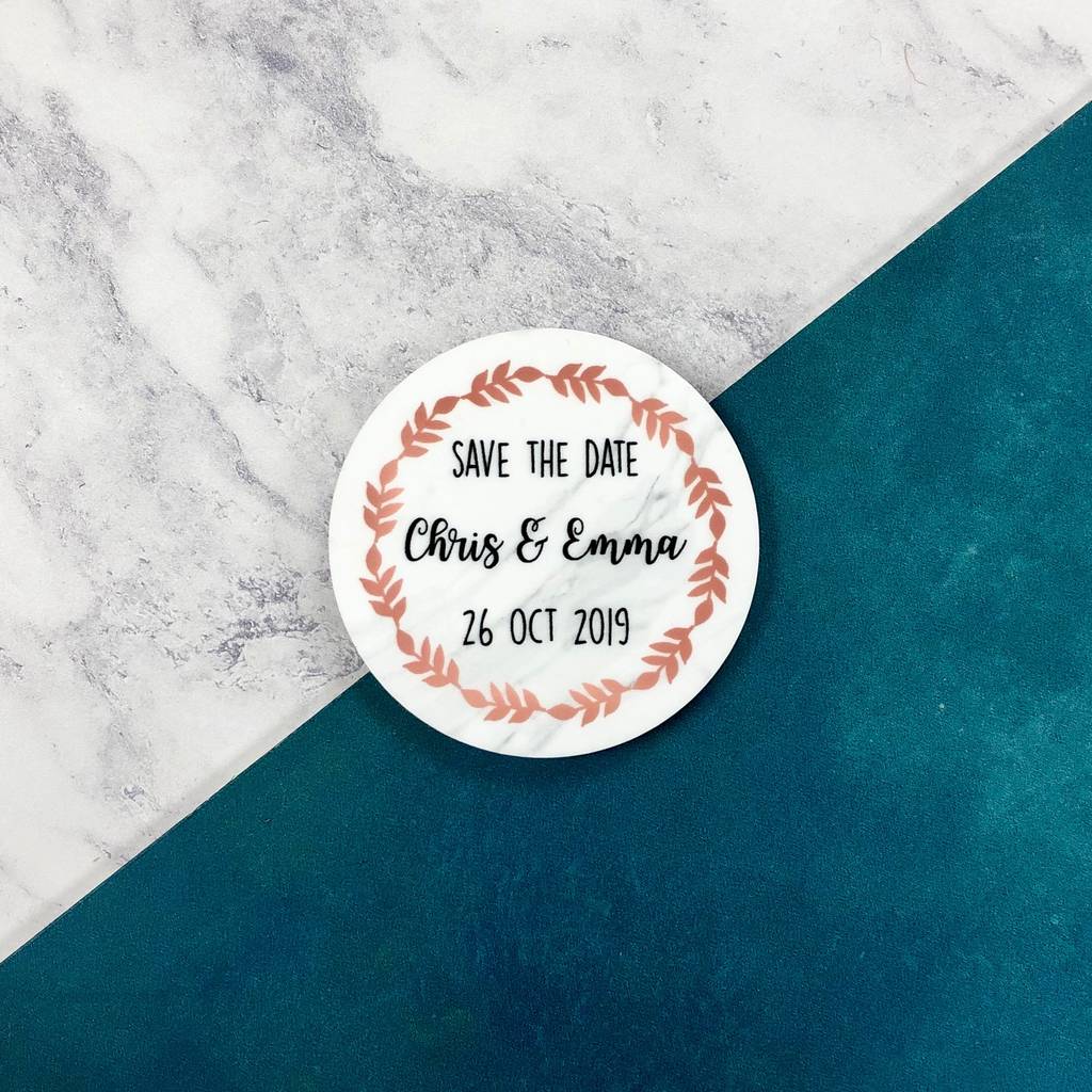 Rose Gold And Marble Save The Date Wedding Magnets, 1 of 2
