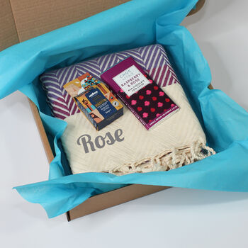 Personalised Gift Set For Nanny, Handwoven Throw, Chocolate And Coffee, 2 of 12