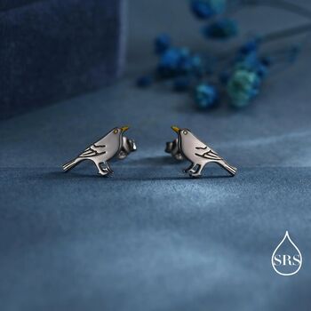 Little Black Bird Stud Earrings In Sterling Silver With Yellow Beak, 2 of 10
