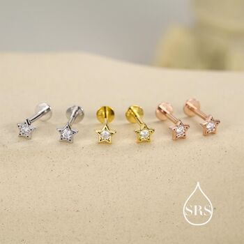 Sterling Silver Tiny Cz Star 16g Flat Back Stud Earrings UK, 5 of 11