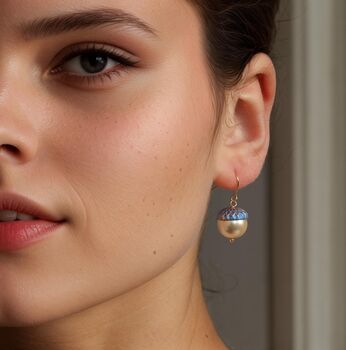 Royal Blue Pearl Gold Acorn Earrings, 3 of 12