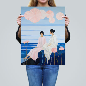Seashore Chat Friendship Pink Blue Wall Art Print, 2 of 6