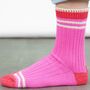 Glitter Mid Calf Ribbed Cotton Socks Varsity Striped Cuff Pink Red, thumbnail 2 of 4