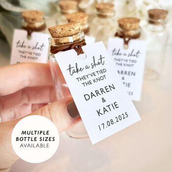 Take A Shot They've Tied The Knot Wedding Favours Personalised Shot Bottle, 4 of 12