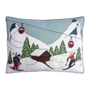 Wool Alpine Scene Cushion With Skiers, Chalet And Cable Cars, 2 of 2