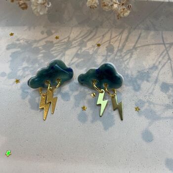 Ceramic Cloud Stud Statemant Earrings Lightning Bolt, 7 of 9