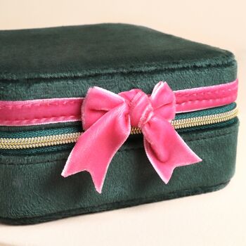 Green And Pink Velvet Bow Square Travel Jewellery Case, 2 of 3