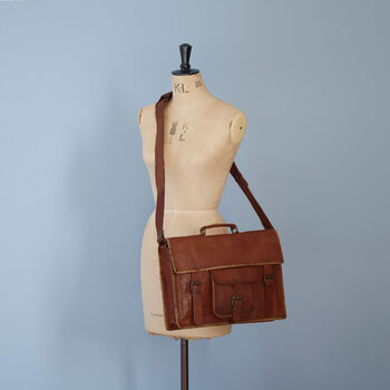 Personalised Vintage Style Brown Leather Laptop Satchel, 5 of 10