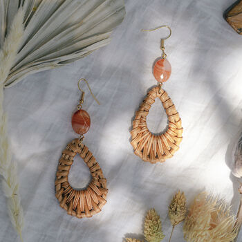 Gold Plate Rattan And Orange Agate Summer Earrings, 2 of 3