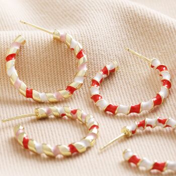 Red And White Twisted Enamel Hoops In Gold Plating, 7 of 8