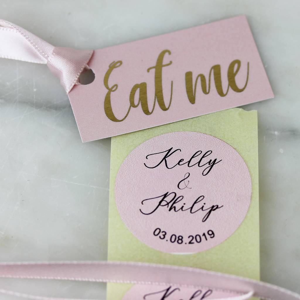 PERSONALISED WEDDING FAVOURS STICKERS METALLIC GOLD SILVER LABELS NAMES REGAL