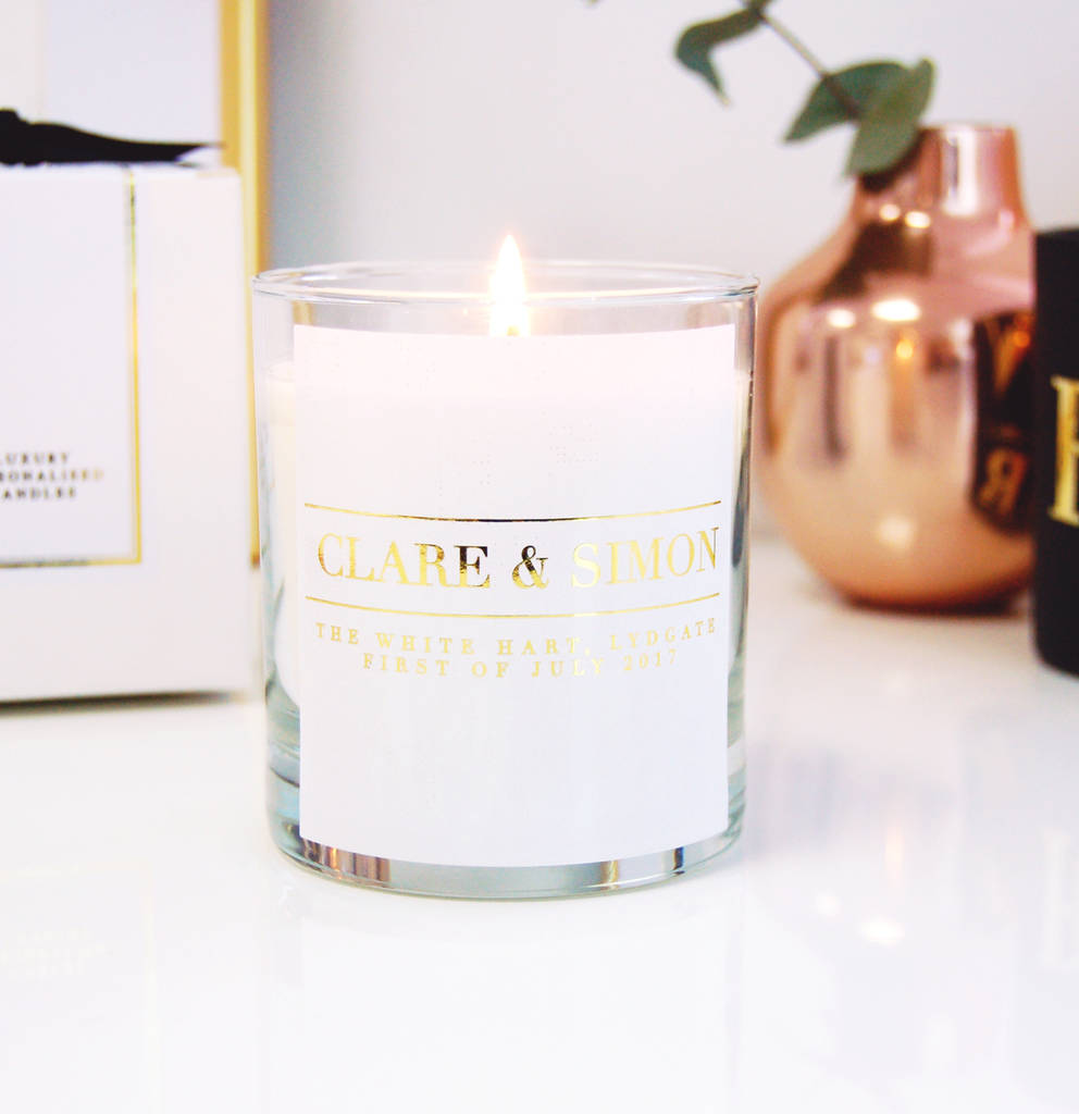 Personalised Gold White Wedding Candle Couples Name By The Luxe Co