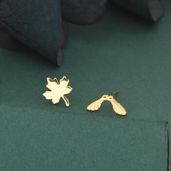 Mismatched Maple Seed And Maple Leaf Stud Earrings In Sterling Silver, 3 of 12