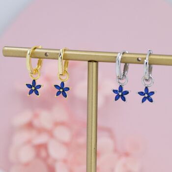 Sapphire Blue Flower Cz Huggie Hoop In Sterling Silver, 7 of 12