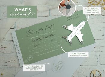 Sage Green Wedding Boarding Pass Save The Date With Silver Magnetic Plane, 2 of 6