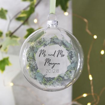 Mr And Mrs Wedding Glass Christmas Bauble, 2 of 3