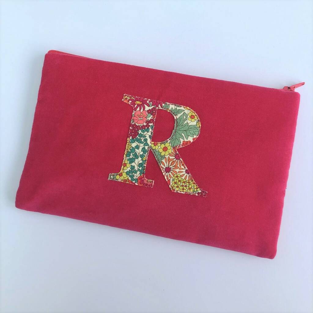 Liberty Print And Cerise Velvet Initial Make Up Bag By Gemima London