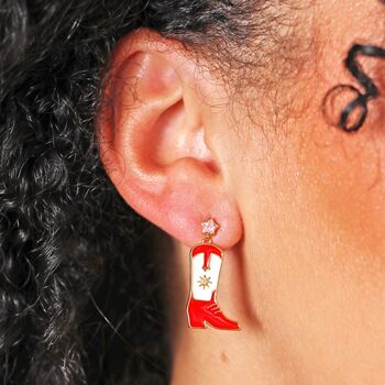 Red Enamel Cowboy Boot Drop Earrings In Gold, 3 of 3