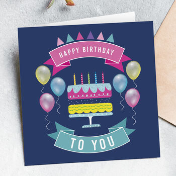 Happy Birthday Cake And Balloons Card Blue Set Of Two, 2 of 2