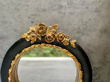 16cm Round Wall Mirror Black Frame With Gold Flower Detail, 9 of 9