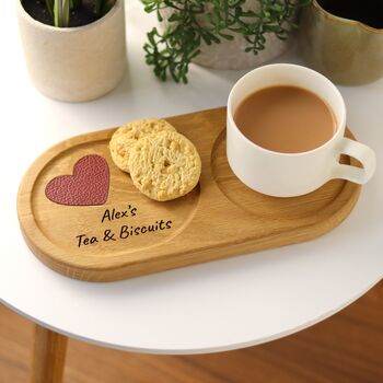 Personalised Tea And Biscuit Serving Tray With Leather Heart Detail, 2 of 10