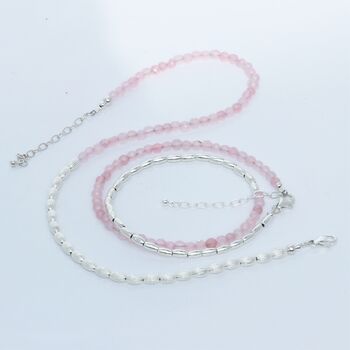 Rose Quartz Necklace Or Double Stranded Bracelet In Sterling Silver, 7 of 10