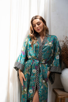 Satin Silky Turquoise Full Length Kimono Robe, 6 of 9