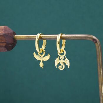Mismatched Phoenix And Dragon Charm Huggie Hoop Earrings In Sterling Silver, 5 of 12