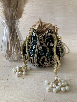 Emerald Green Velvet Potli/Wrist Bag, 5 of 10