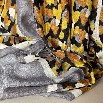 Camouflage Print Scarf With Border In Grey And Mustard, 3 of 4