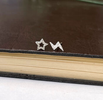 Sterling Silver Good Luck Lightning Bolt And Star Mismatched Earrings, 2 of 6
