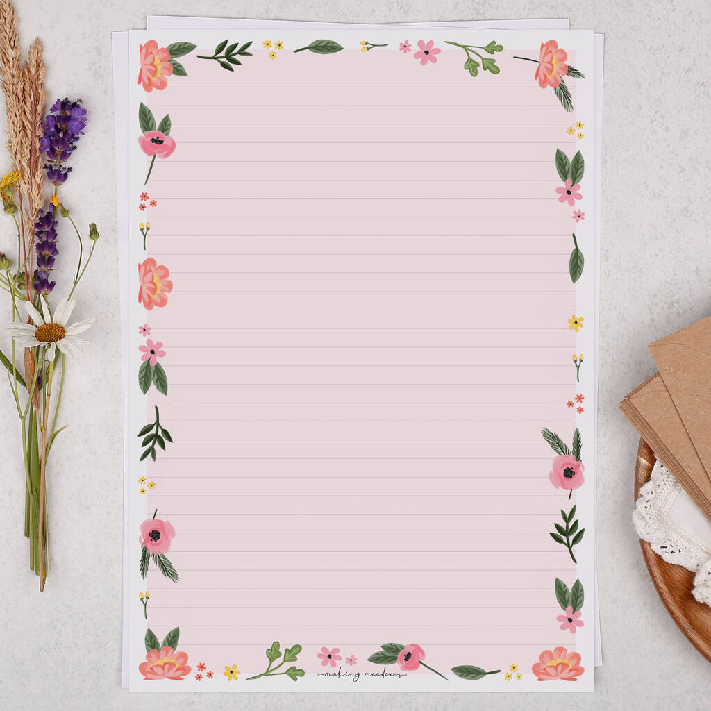 A4 Letter Writing Paper Sheets Pink Floral Border Lined or Unlined