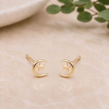 Gold Plated Sterling Silver Moon And Star Stud Earrings, 2 of 3