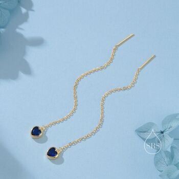Tiny Sapphire Blue Cz Heart Threader Earrings, 6 of 11