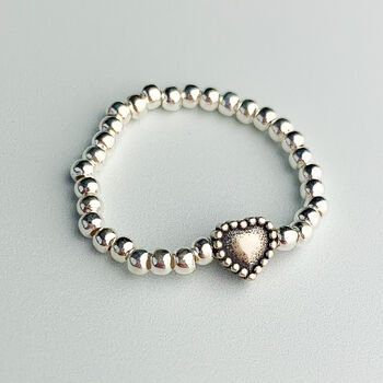 Sterling Silver Beaded Heart Stretch Ring, 3 of 5