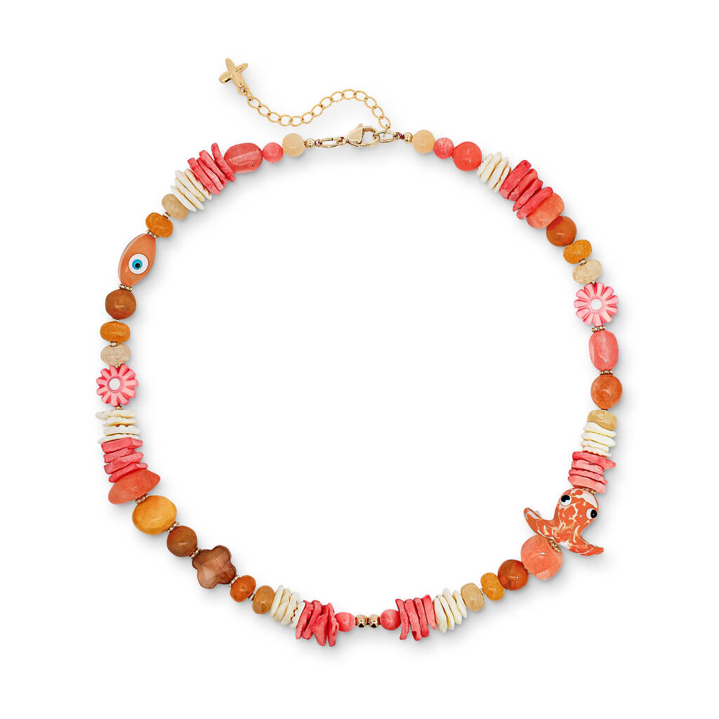 Coral Orange Yellow Jade Stone And Shell Beade Necklace