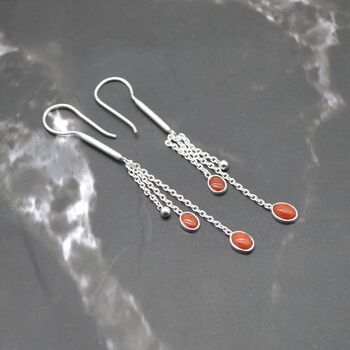 Red Coral Sterling Silver Drop Earrings, Long Earrings, 5 of 7