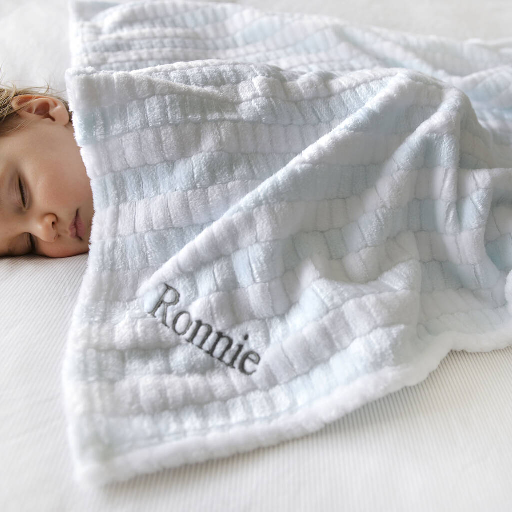 Personalised Soft Blue And White Jacquard Baby Blanket By A Type Of Design