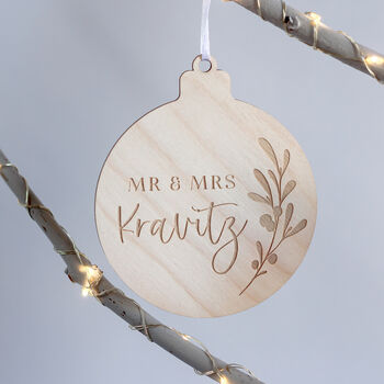 Personalised Wooden Mr And Mrs Christmas Bauble, 2 of 4